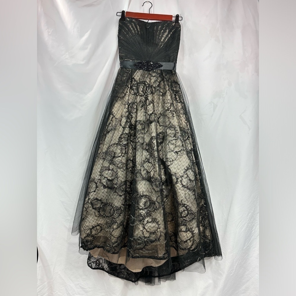 camille la vie black lace midi fit and flare dress with rhinestone belt size 4